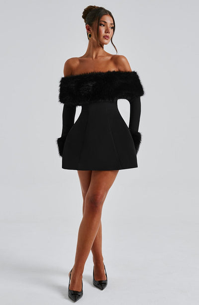 Women’s Mini Dress – Off-Shoulder – Faux Fur Trim – A-Line Silhouette – Elegant Fit
