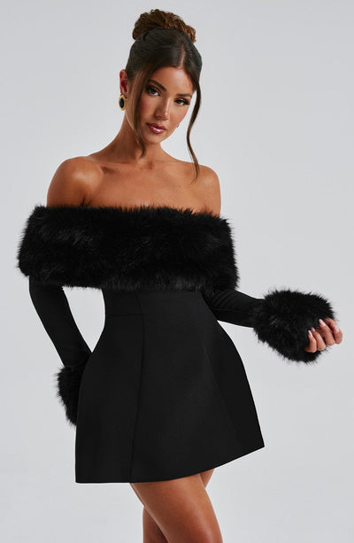 Women’s Mini Dress – Off-Shoulder – Faux Fur Trim – A-Line Silhouette – Elegant Fit
