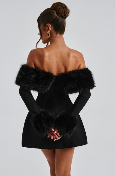 Women’s Mini Dress – Off-Shoulder – Faux Fur Trim – A-Line Silhouette – Elegant Fit