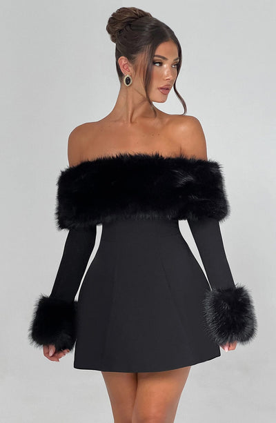 Women’s Mini Dress – Off-Shoulder – Faux Fur Trim – A-Line Silhouette – Elegant Fit