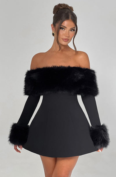 Women’s Mini Dress – Off-Shoulder – Faux Fur Trim – A-Line Silhouette – Elegant Fit