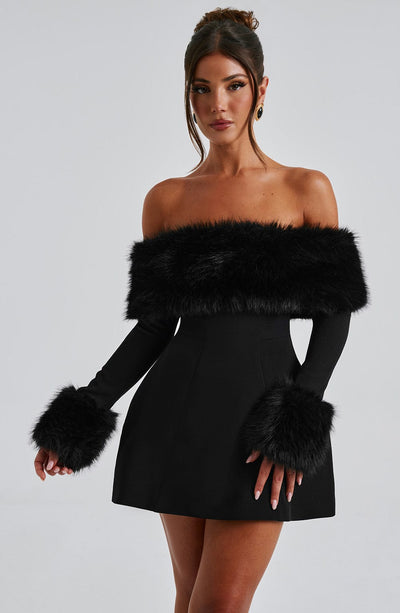 Women’s Mini Dress – Off-Shoulder – Faux Fur Trim – A-Line Silhouette – Elegant Fit