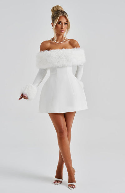 Women’s Mini Dress – Off-Shoulder – Faux Fur Trim – A-Line Silhouette – Elegant Fit