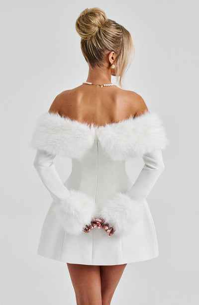 Women’s Mini Dress – Off-Shoulder – Faux Fur Trim – A-Line Silhouette – Elegant Fit
