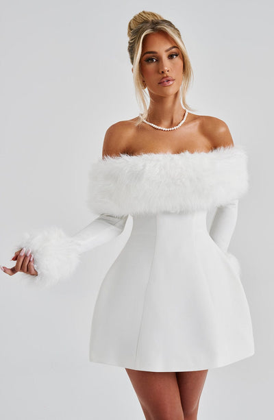 Women’s Mini Dress – Off-Shoulder – Faux Fur Trim – A-Line Silhouette – Elegant Fit