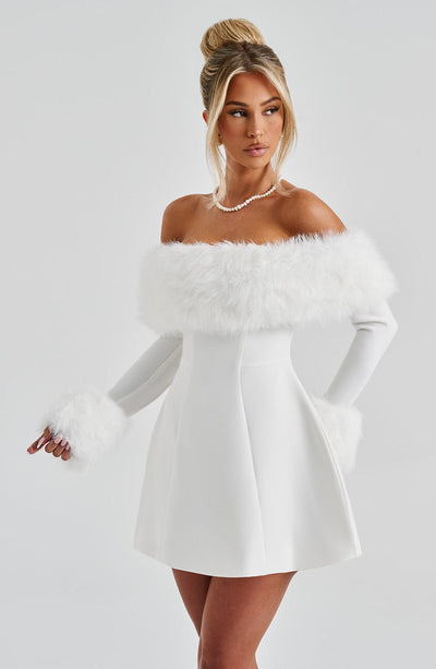 Women’s Mini Dress – Off-Shoulder – Faux Fur Trim – A-Line Silhouette – Elegant Fit