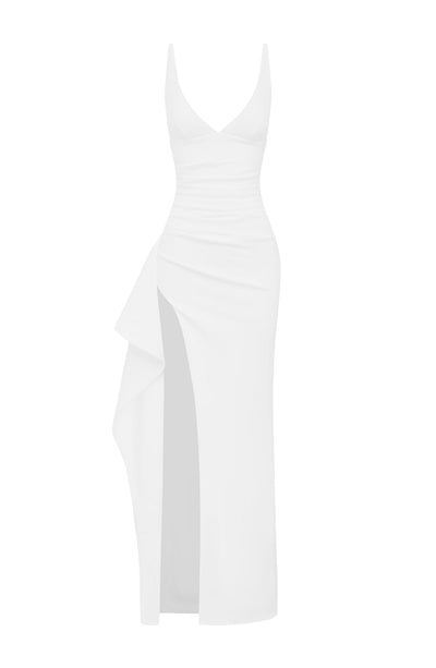 Women’s Evening Gown - V-Neck - High Slit - Ruched Waist - Form-Fitting Elegant Dress
