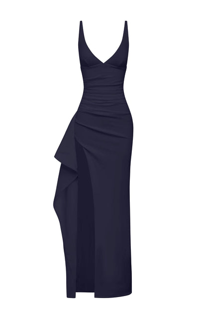 Women’s Evening Gown – Fitted Silhouette – Deep V-Neck – Sleeveless – High Slit Design