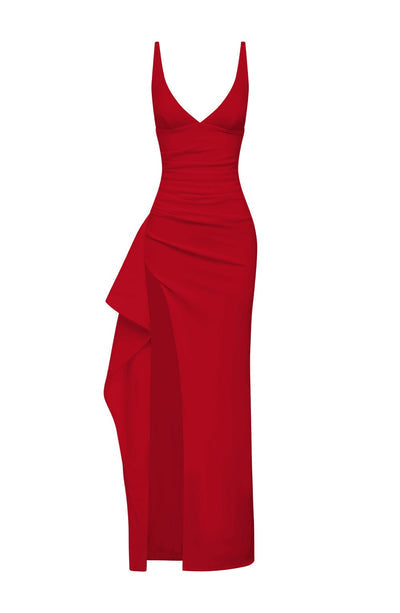 Women’s Evening Gown – Fitted Silhouette – Deep V-Neck – Sleeveless – High Slit Design