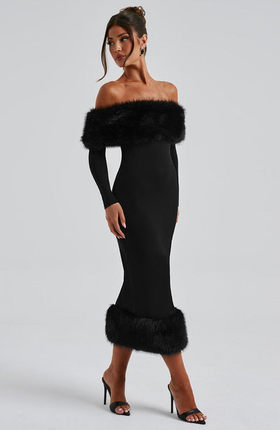 Women’s Midi Dress – Off-the-Shoulder – Fur Trim – Bodycon Fit – Long Sleeve Elegant Style