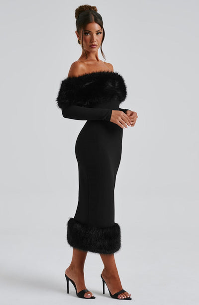 Women’s Midi Dress – Off-the-Shoulder – Fur Trim – Bodycon Fit – Long Sleeve Elegant Style