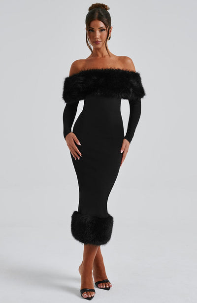 Women’s Midi Dress – Off-the-Shoulder – Fur Trim – Bodycon Fit – Long Sleeve Elegant Style