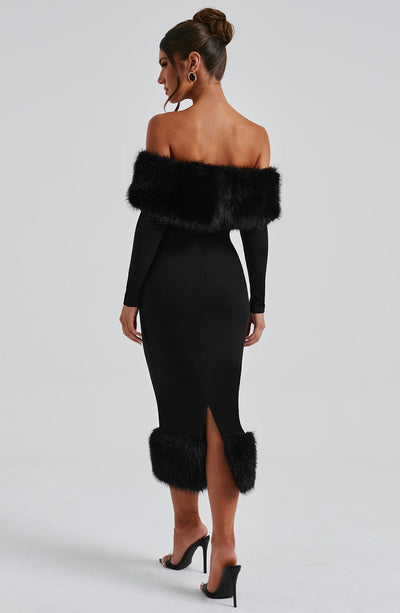 Women’s Midi Dress – Off-the-Shoulder – Fur Trim – Bodycon Fit – Long Sleeve Elegant Style