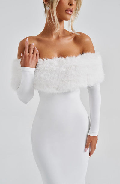 Women’s Off-Shoulder Midi Dress - Fitted Silhouette - Long Sleeve - Feather Trim
