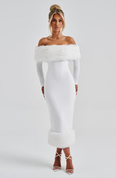 Women’s Off-Shoulder Midi Dress - Fitted Silhouette - Long Sleeve - Feather Trim