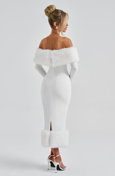 Women’s Off-Shoulder Midi Dress - Fitted Silhouette - Long Sleeve - Feather Trim