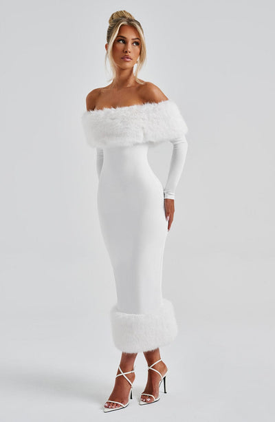 Women’s Off-Shoulder Midi Dress - Fitted Silhouette - Long Sleeve - Feather Trim