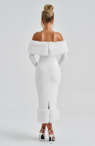 Women’s Off-Shoulder Midi Dress - Fitted Silhouette - Long Sleeve - Feather Trim