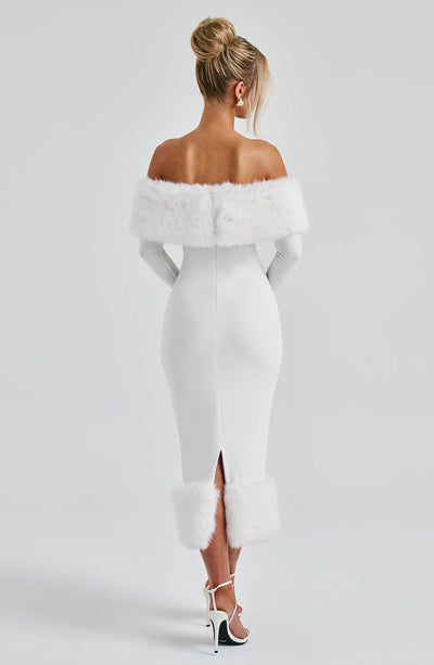 Women’s Off-Shoulder Midi Dress - Fitted Silhouette - Long Sleeve - Feather Trim
