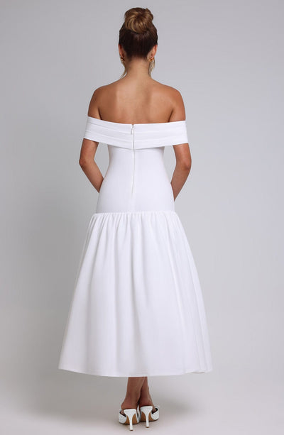 Women’s Midi Dress – Off Shoulder – Ruched Bodice – Fitted Waist – Flared Skirt