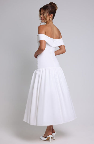 Women’s Midi Dress – Off Shoulder – Ruched Bodice – Fitted Waist – Flared Skirt