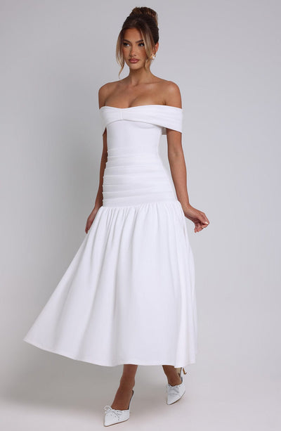 Women’s Midi Dress – Off Shoulder – Ruched Bodice – Fitted Waist – Flared Skirt