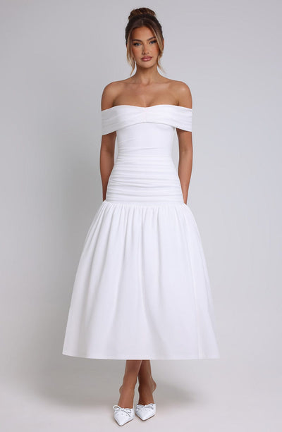 Women’s Midi Dress – Off Shoulder – Ruched Bodice – Fitted Waist – Flared Skirt