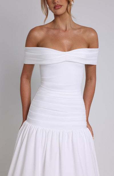 Women’s Midi Dress – Off Shoulder – Ruched Bodice – Fitted Waist – Flared Skirt