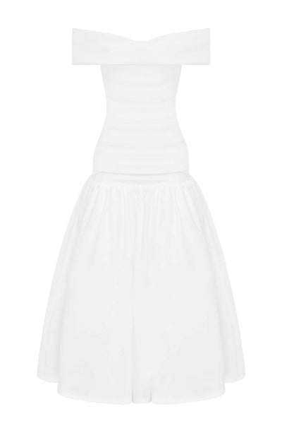 Women’s Midi Dress – Off Shoulder – Ruched Bodice – Fitted Waist – Flared Skirt