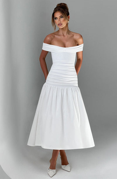 Women’s Midi Dress – Off Shoulder – Ruched Bodice – Fitted Waist – Flared Skirt