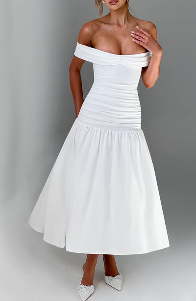 Women’s Midi Dress – Off Shoulder – Ruched Bodice – Fitted Waist – Flared Skirt