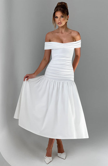 Women’s Midi Dress – Off Shoulder – Ruched Bodice – Fitted Waist – Flared Skirt