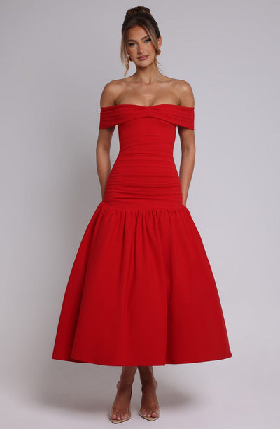 Women’s Midi Dress – Off Shoulder – Ruched Bodice – Fitted Waist – Flared Skirt