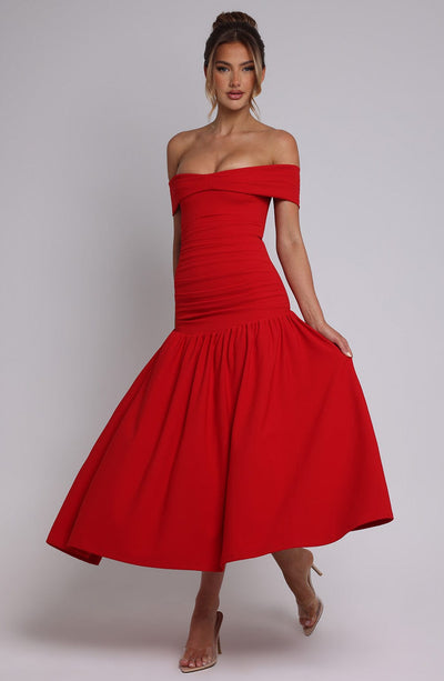 Women’s Midi Dress – Off Shoulder – Ruched Bodice – Fitted Waist – Flared Skirt
