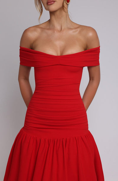 Women’s Midi Dress – Off Shoulder – Ruched Bodice – Fitted Waist – Flared Skirt