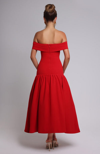 Women’s Midi Dress – Off Shoulder – Ruched Bodice – Fitted Waist – Flared Skirt