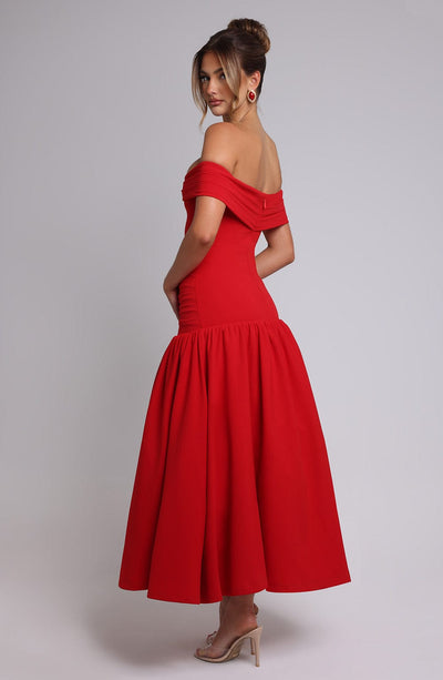 Women’s Midi Dress – Off Shoulder – Ruched Bodice – Fitted Waist – Flared Skirt