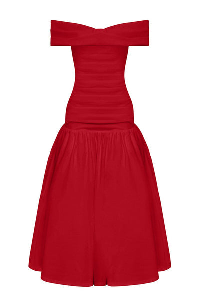 Women’s Midi Dress – Off Shoulder – Ruched Bodice – Fitted Waist – Flared Skirt