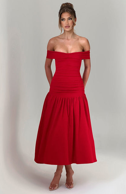 Women’s Midi Dress – Off Shoulder – Ruched Bodice – Fitted Waist – Flared Skirt