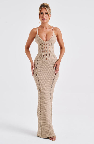 Women’s Maxi Dress - Knitted Open Weave - Corset Bodice - Spaghetti Straps