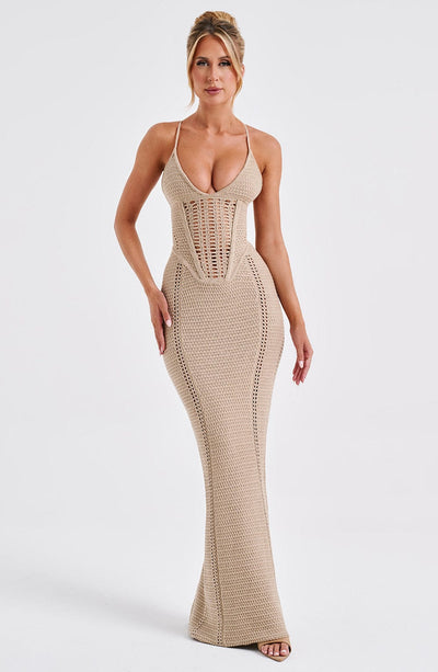 Women’s Maxi Dress - Knitted Open Weave - Corset Bodice - Spaghetti Straps