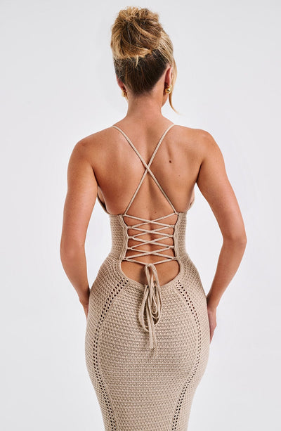 Women’s Maxi Dress - Knitted Open Weave - Corset Bodice - Spaghetti Straps