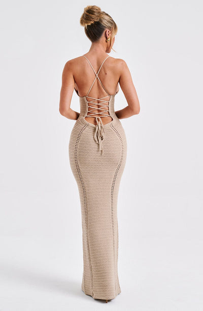 Women’s Maxi Dress - Knitted Open Weave - Corset Bodice - Spaghetti Straps