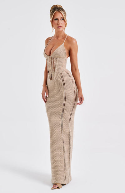 Women’s Maxi Dress - Knitted Open Weave - Corset Bodice - Spaghetti Straps