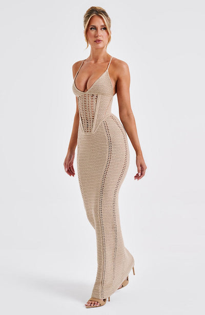 Women’s Maxi Dress - Knitted Open Weave - Corset Bodice - Spaghetti Straps