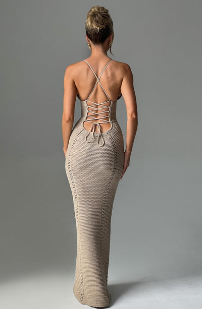 Women’s Maxi Dress - Knitted Open Weave - Corset Bodice - Spaghetti Straps