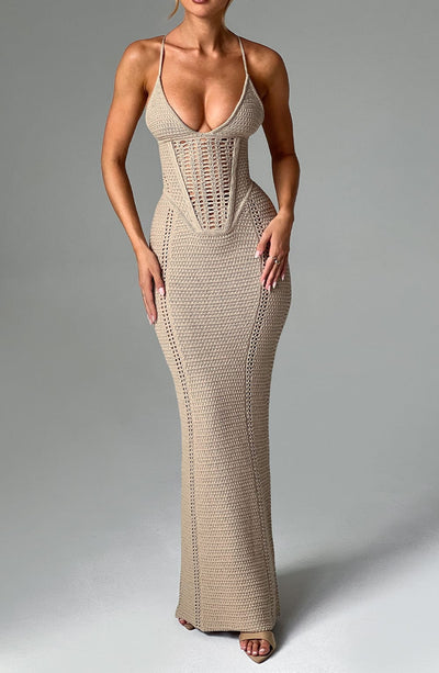 Women’s Maxi Dress - Knitted Open Weave - Corset Bodice - Spaghetti Straps