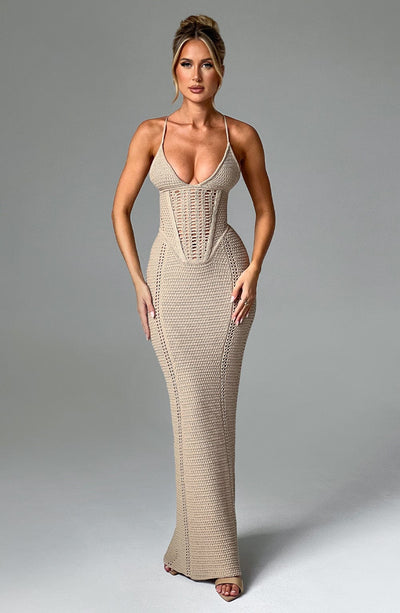 Women’s Maxi Dress - Knitted Open Weave - Corset Bodice - Spaghetti Straps