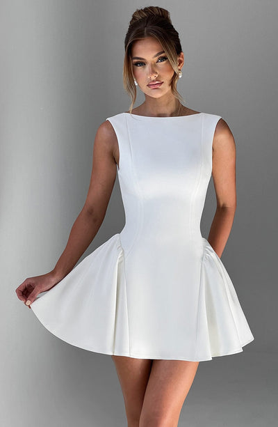 Women’s Mini Dress - Fit and Flare Silhouette - Sleeveless - High Neck - Structured Fabric