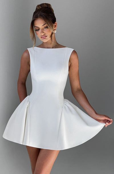 Women’s Mini Dress - Fit and Flare Silhouette - Sleeveless - High Neck - Structured Fabric